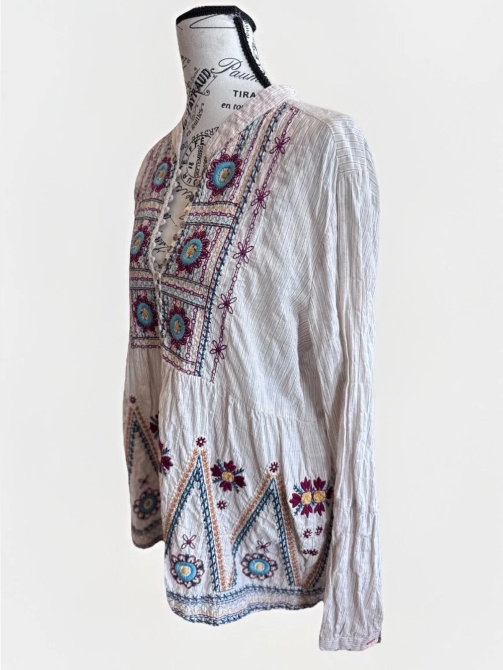 Johnny Was 3J Workshop embroidered striped floral boho prairie button down top M - Picture 5 of 12